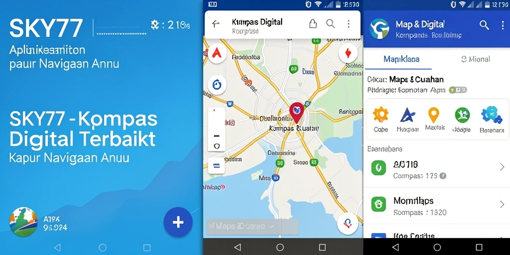 Antarmuka menunjukkan kompas digital dengan peta dan arah navigasi.